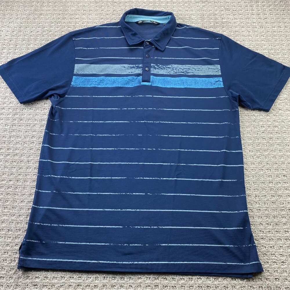 Travis Mathew Golf Shirt Men XL Navy Blue Striped Activewear Polo Golfer - HOLES
